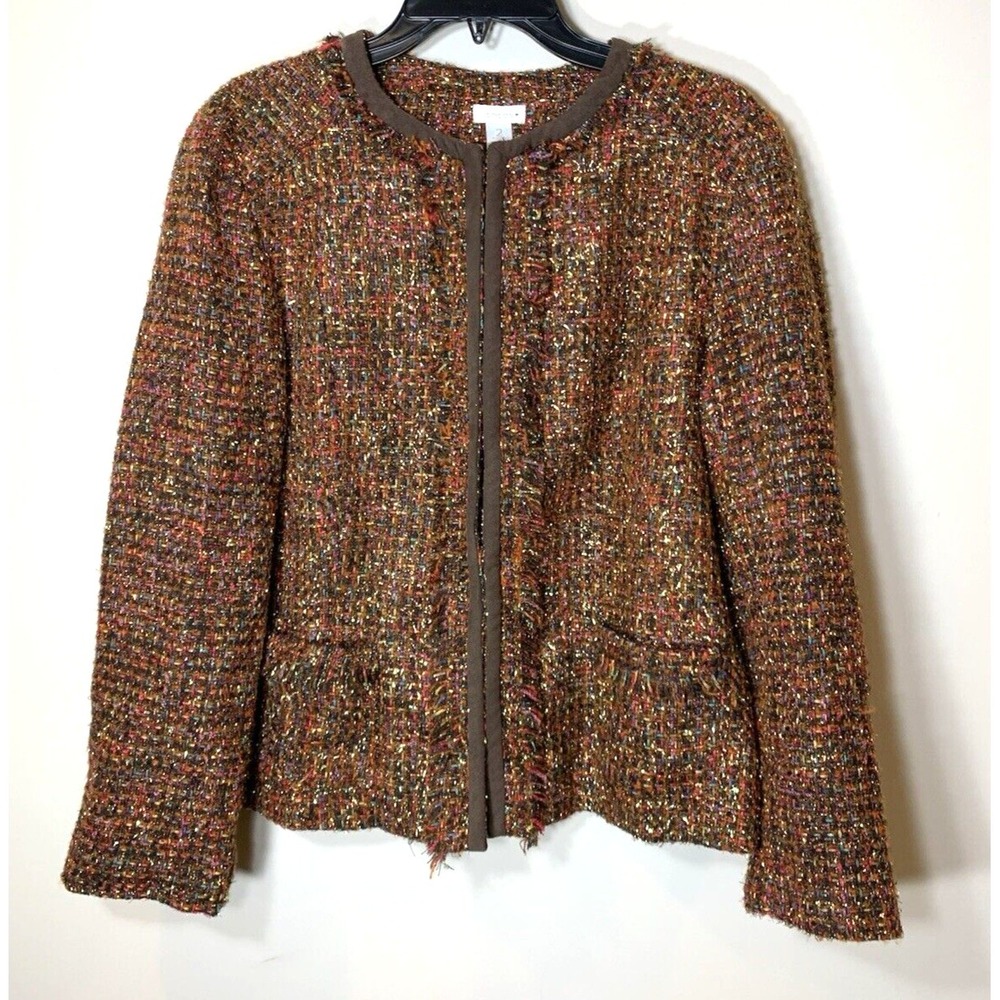 Chicos Tweed Blazer Womens 12 Brown Fall Glitz Lined Fringe Lady Jacket